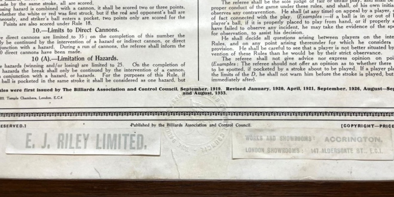 Vintage The Rules of Billiards in Original Oak Frame