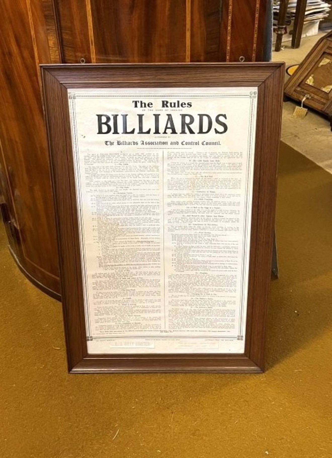 Vintage The Rules of Billiards in Original Oak Frame