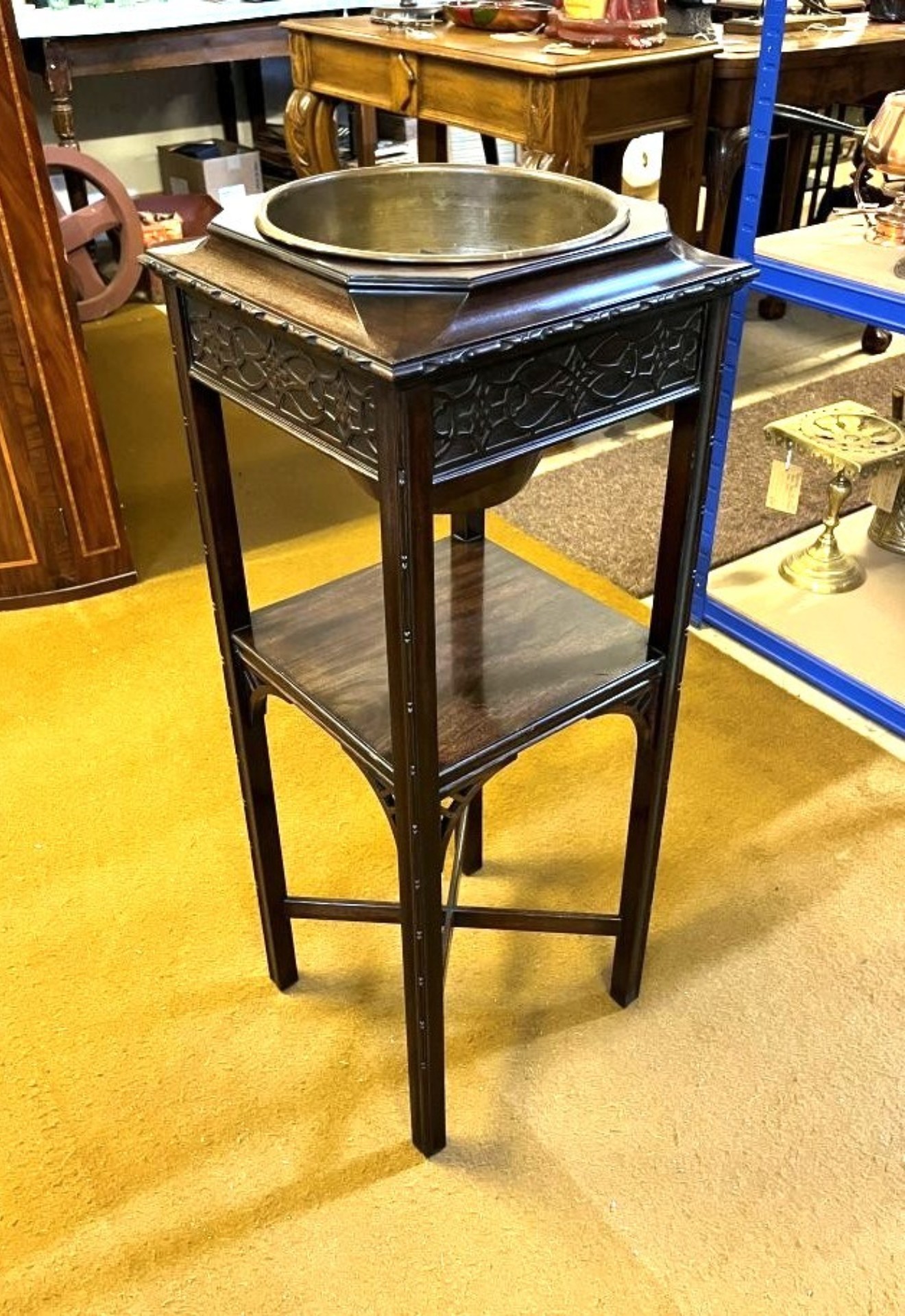 Edwardian Mahogany Jardiniere Stand with Original Brass Liner