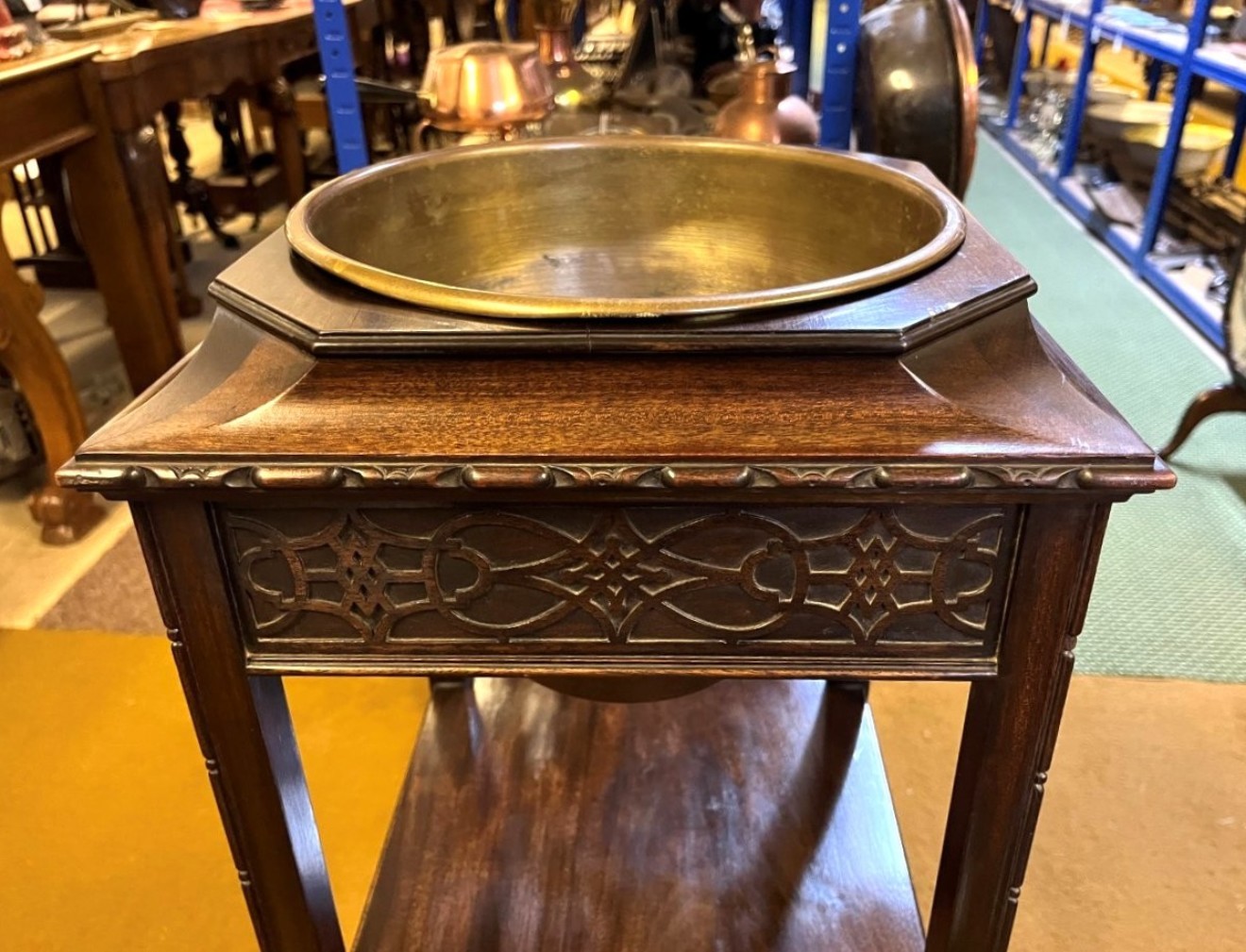 Edwardian Mahogany Jardiniere Stand with Original Brass Liner
