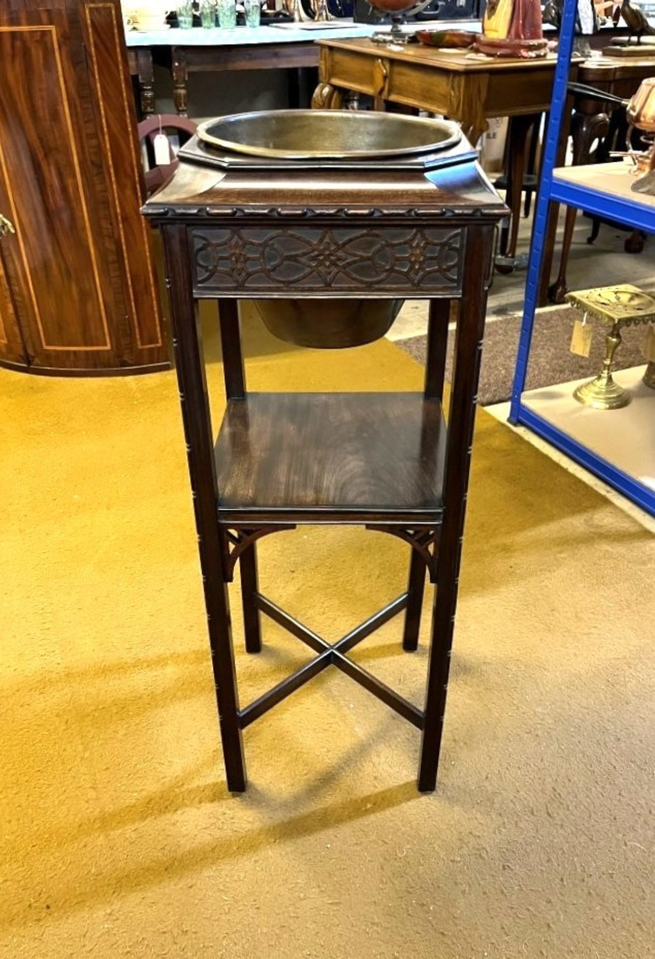 Edwardian Mahogany Jardiniere Stand with Original Brass Liner