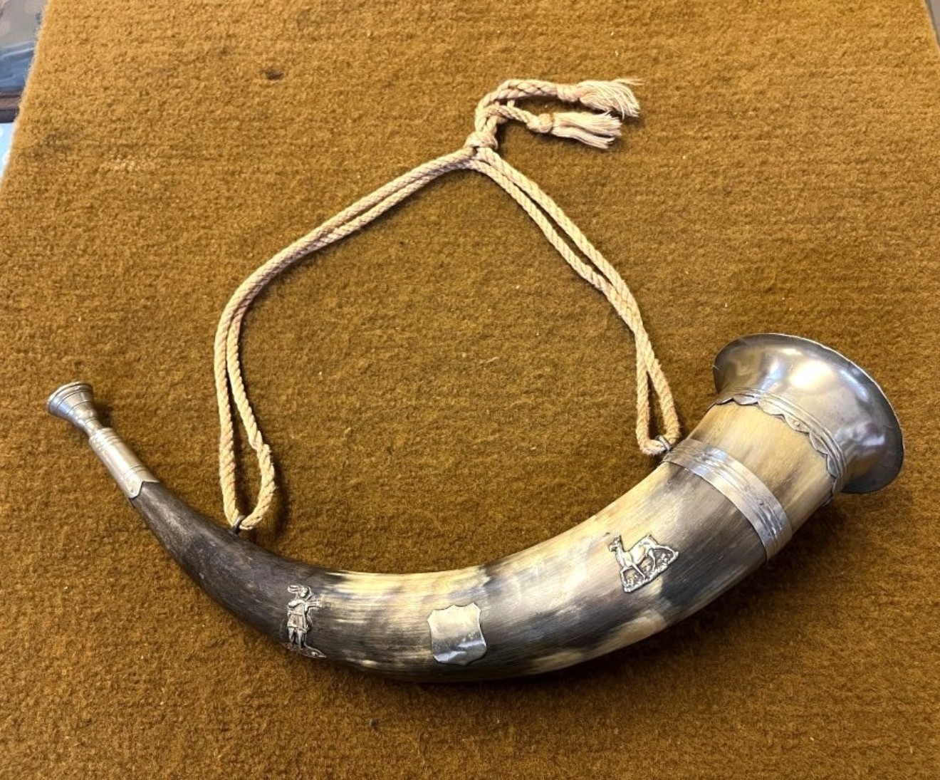 Antique Bovine Hunting Horn White Metal Mounts and Mouthpiece