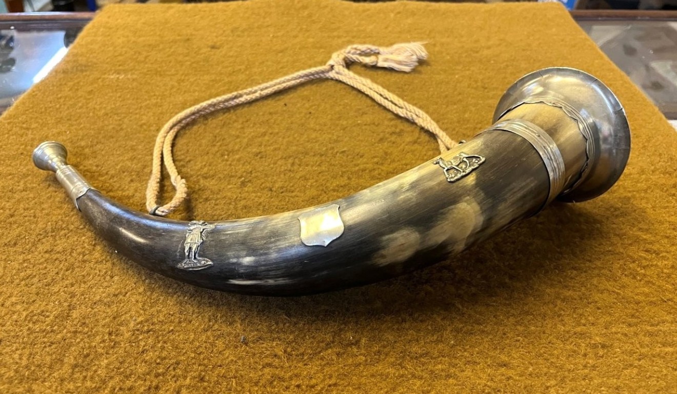 Antique Bovine Hunting Horn White Metal Mounts and Mouthpiece