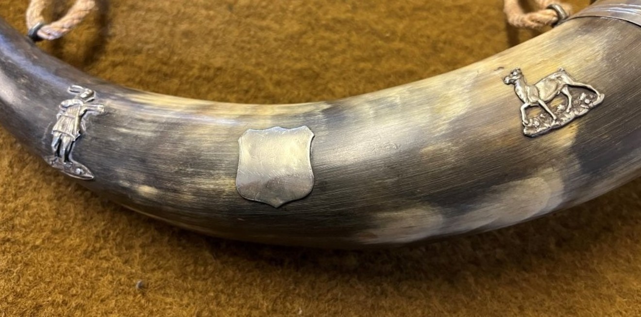 Antique Bovine Hunting Horn White Metal Mounts and Mouthpiece