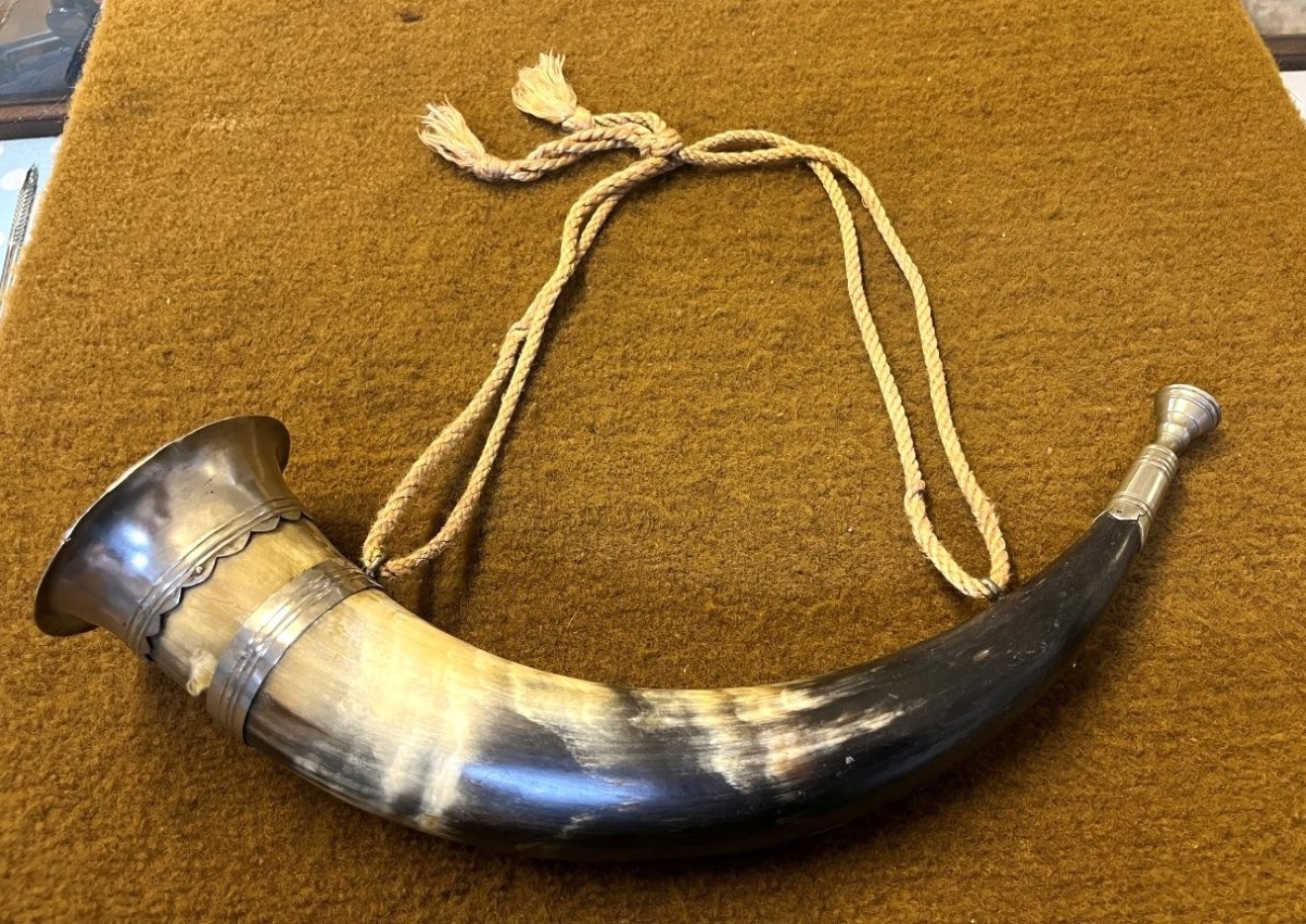 Antique Bovine Hunting Horn White Metal Mounts and Mouthpiece