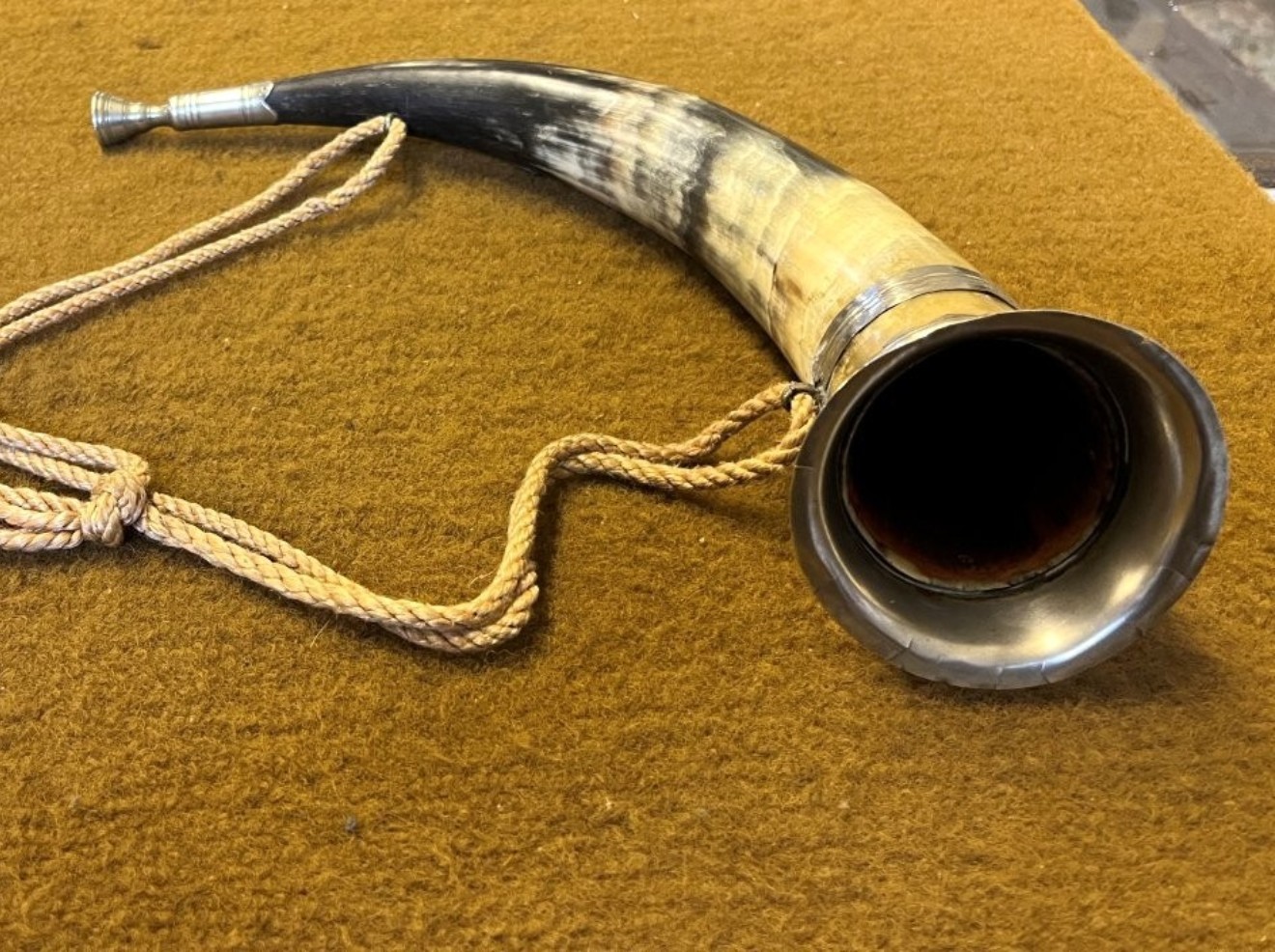 Antique Bovine Hunting Horn White Metal Mounts and Mouthpiece