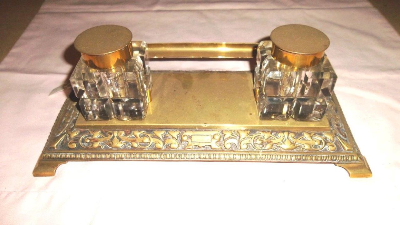 Victorian Brass Inkwell Stand