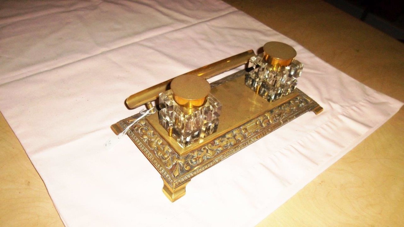 Victorian Brass Inkwell Stand