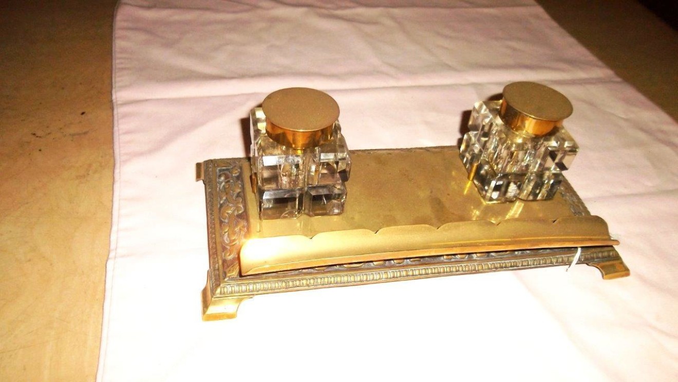 Victorian Brass Inkwell Stand