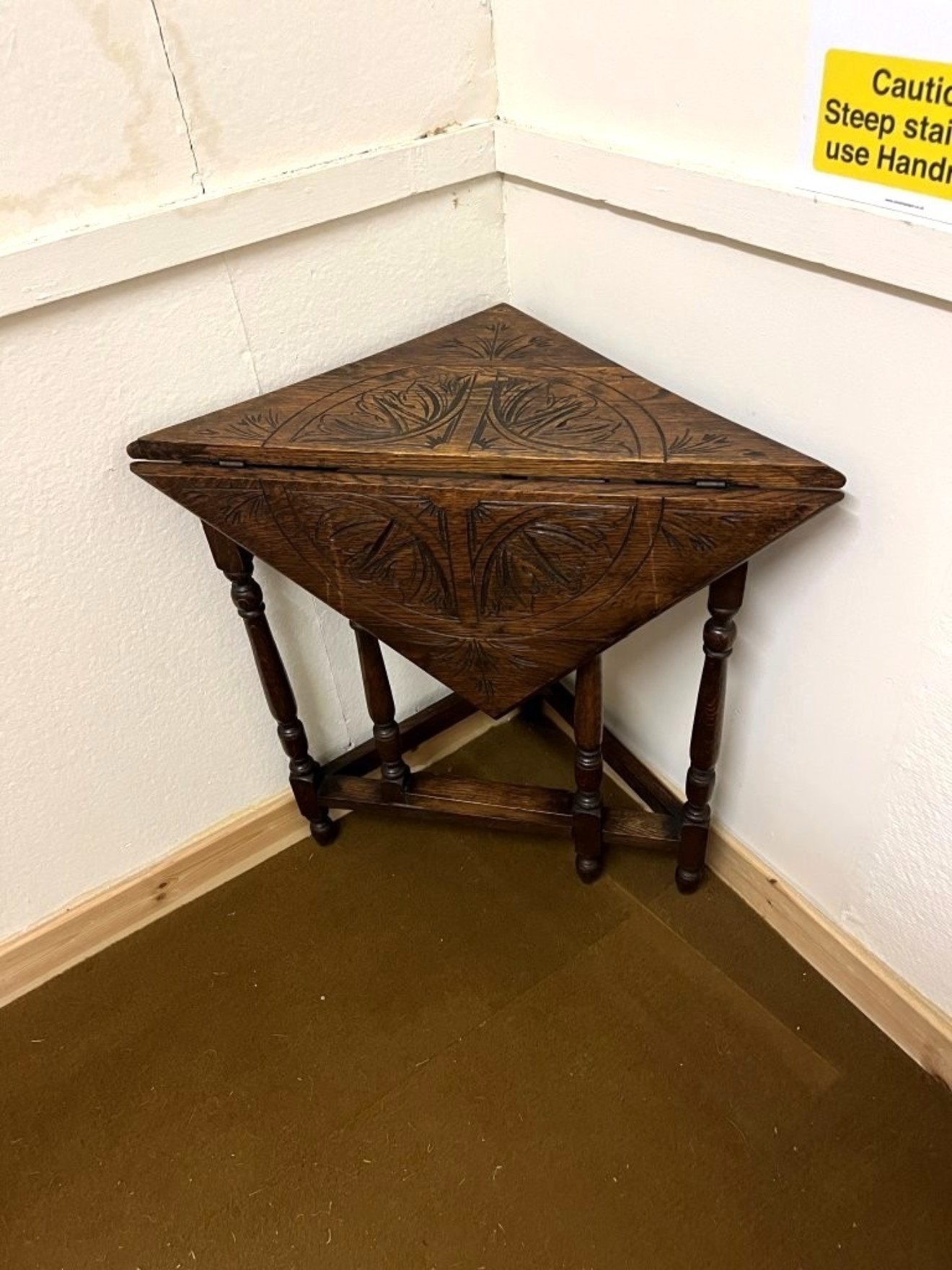 Victorian Triangular Carved Oak Drop Leaf Corner Table