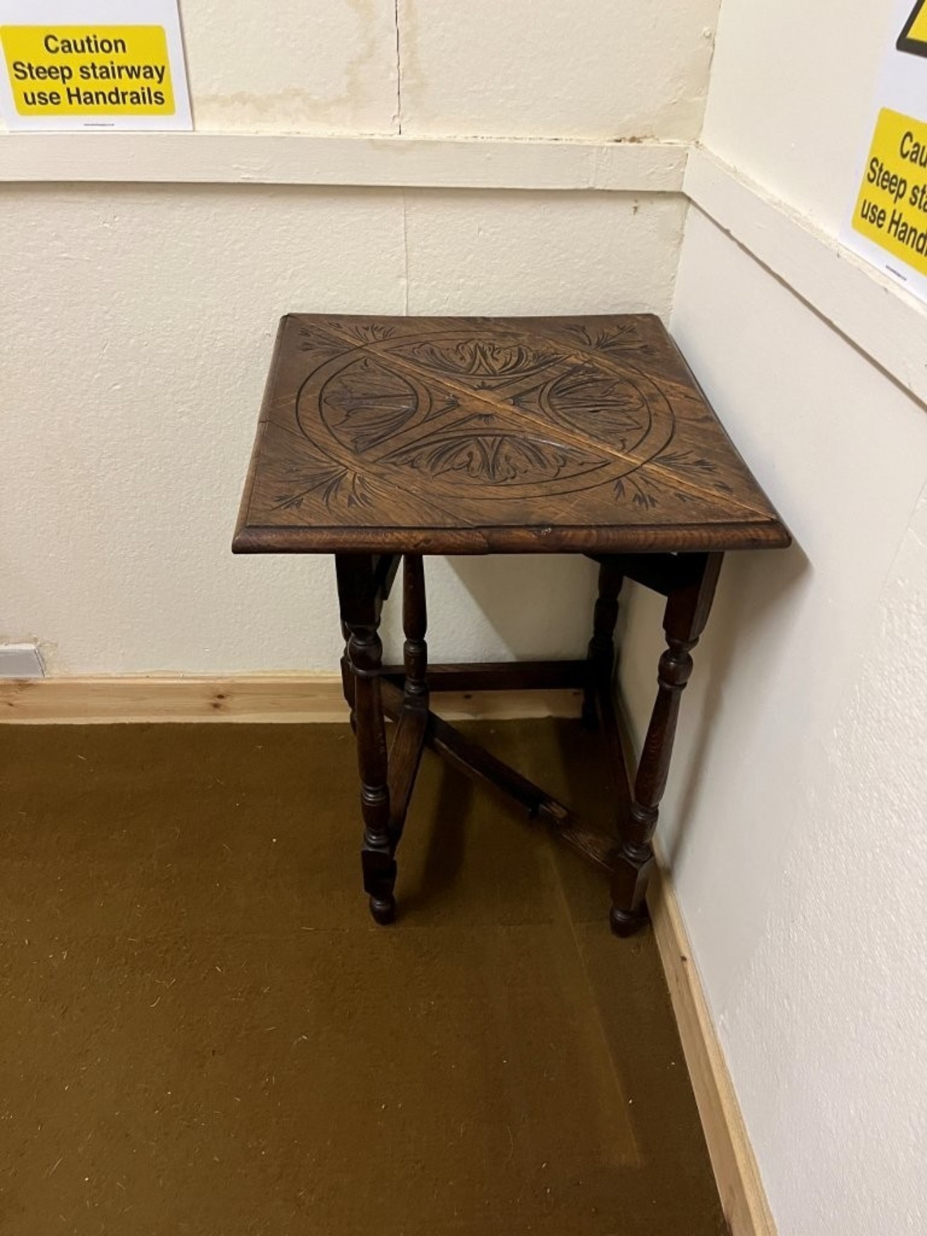 Victorian Triangular Carved Oak Drop Leaf Corner Table