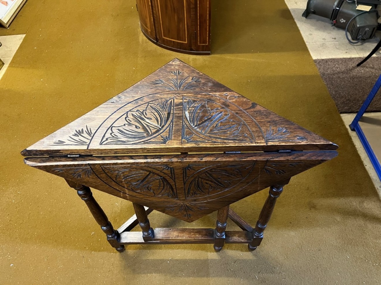 Victorian Triangular Carved Oak Drop Leaf Corner Table