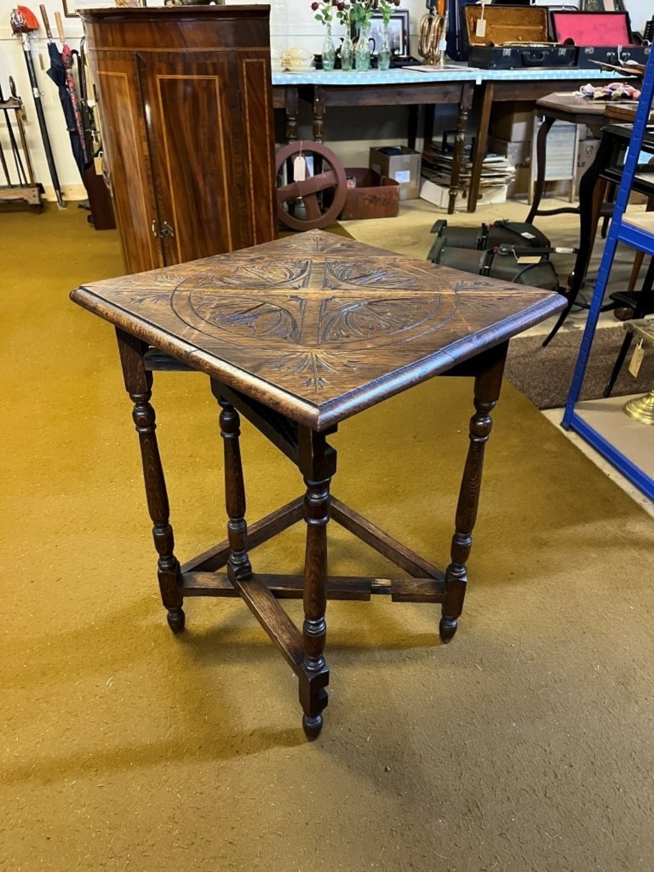Victorian Triangular Carved Oak Drop Leaf Corner Table