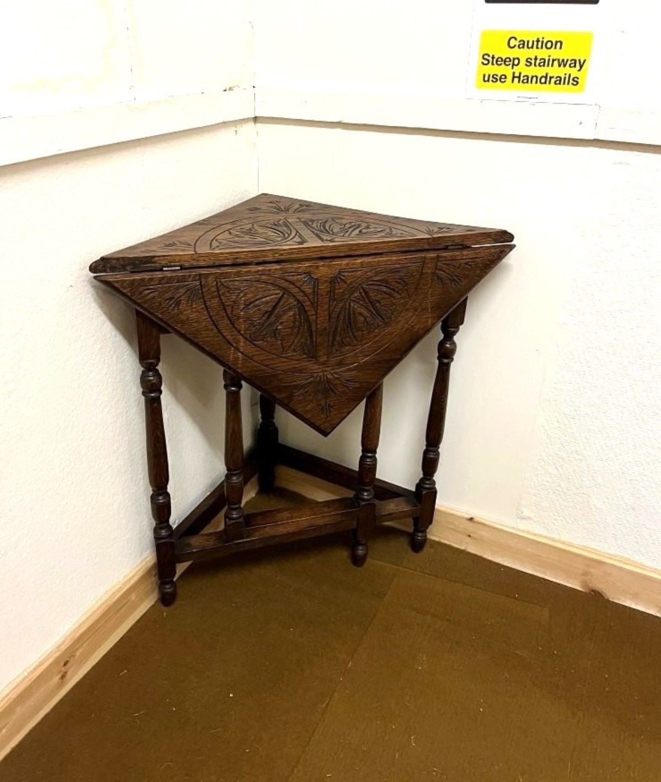 Victorian Triangular Carved Oak Drop Leaf Corner Table