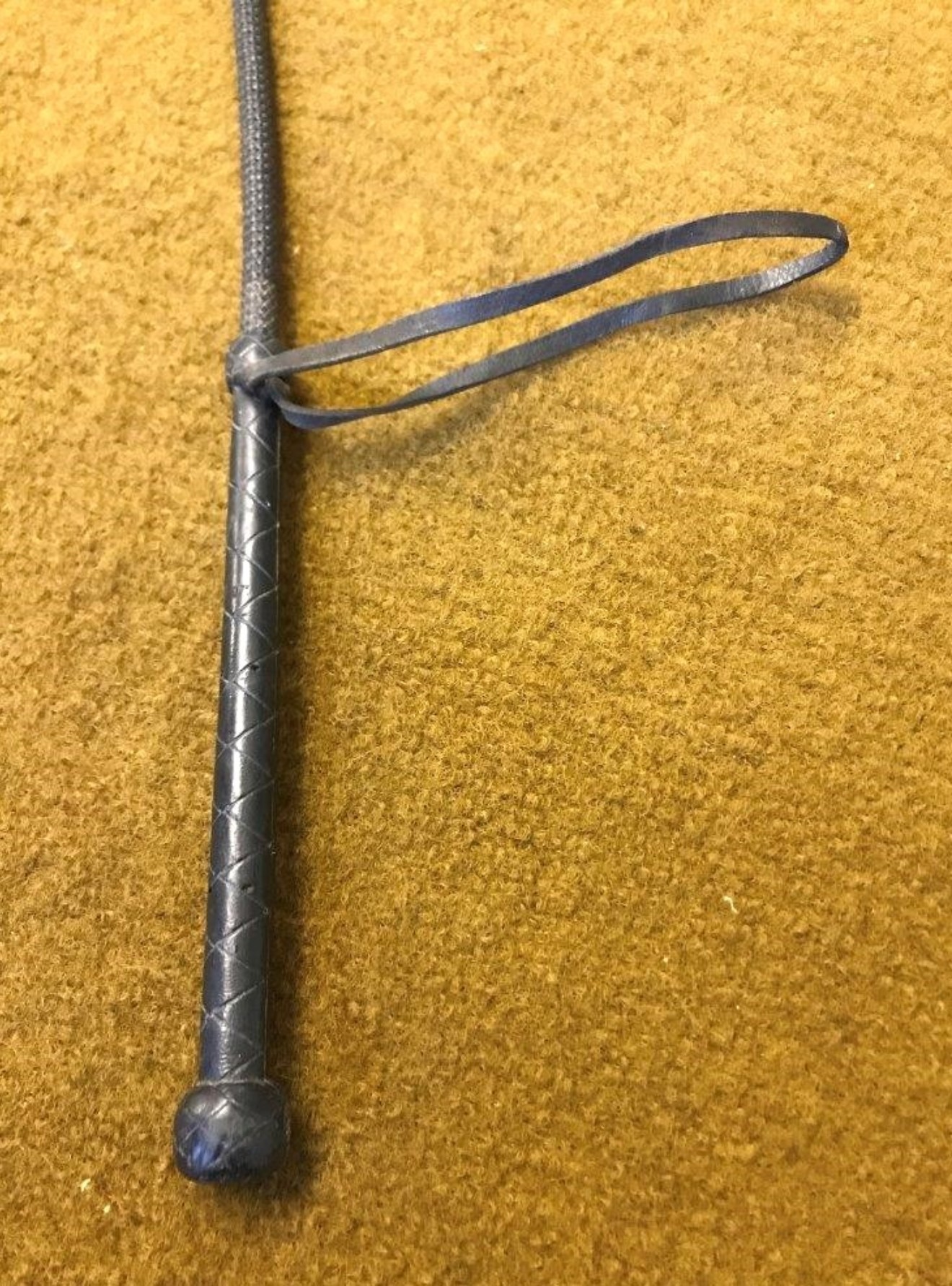 Antique Black Leather Plaited Linen Riding Whip / Crop