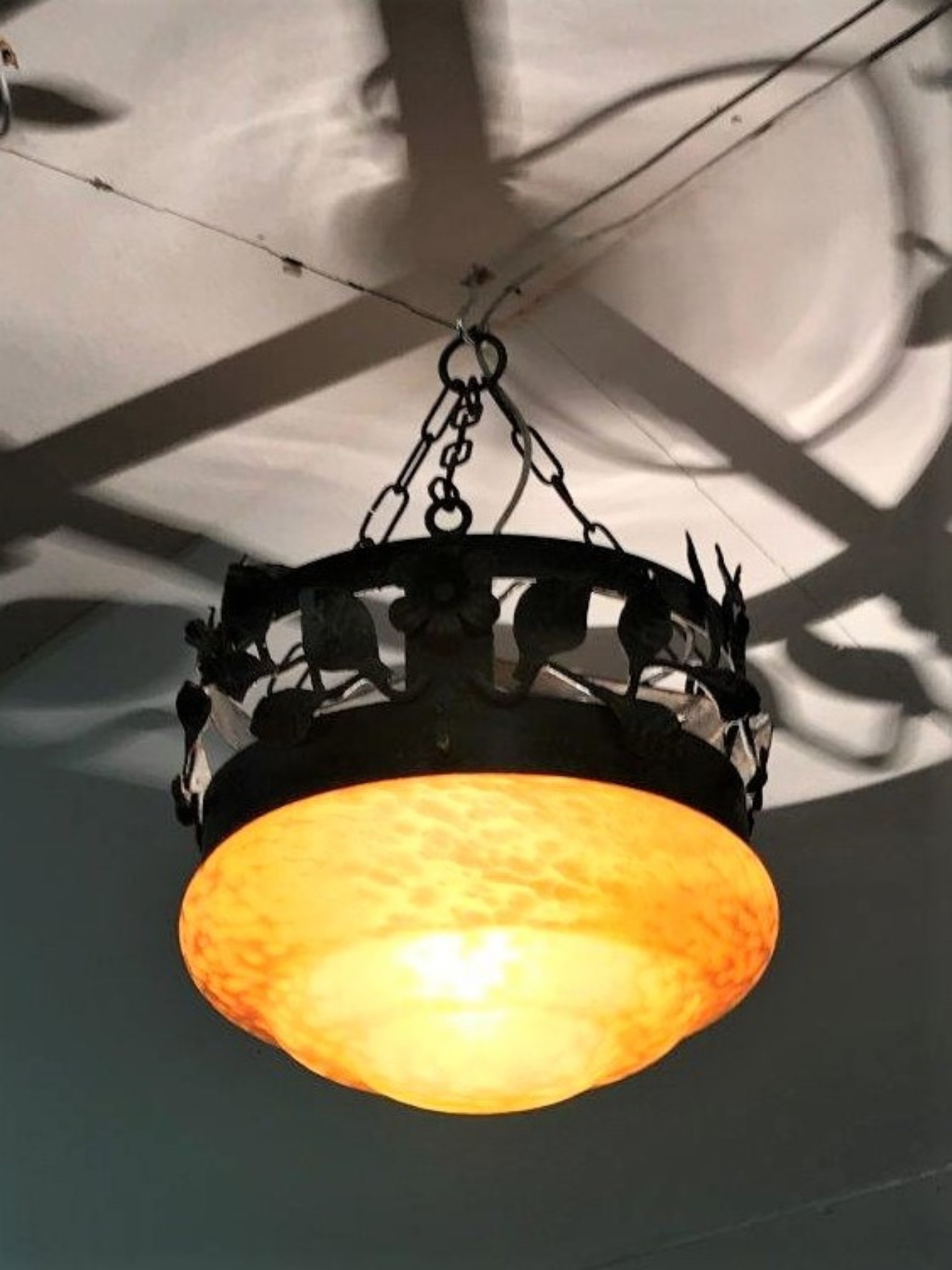 Rustic Metal Light Fitting with Orange Marbled Glass Shade