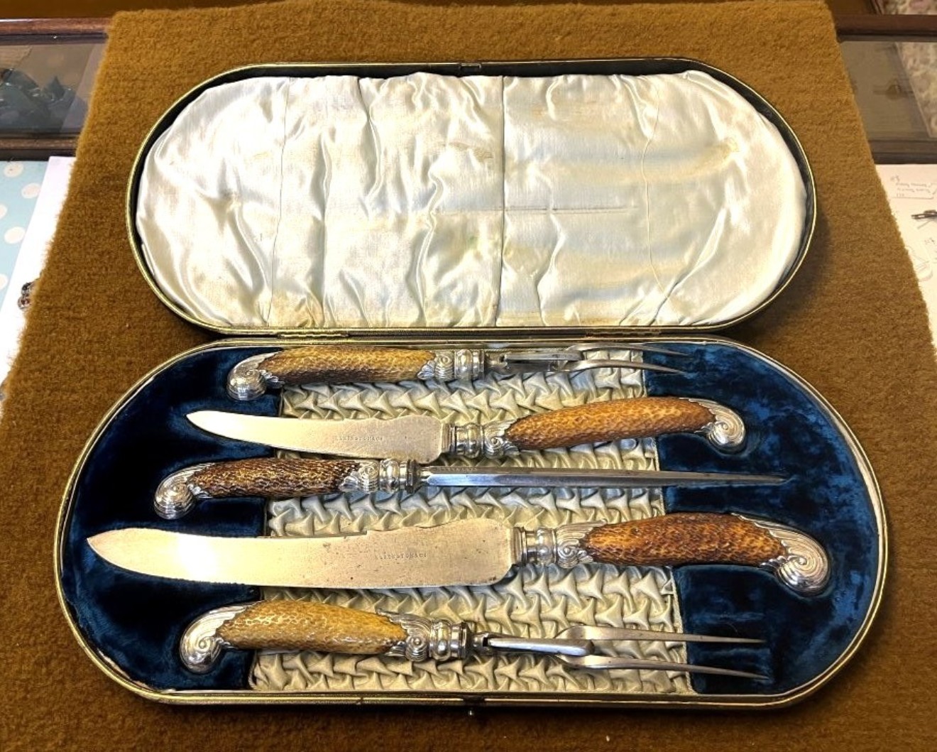 Antique Elkington & Co 5 Piece Stag Horn Handled Carving Set