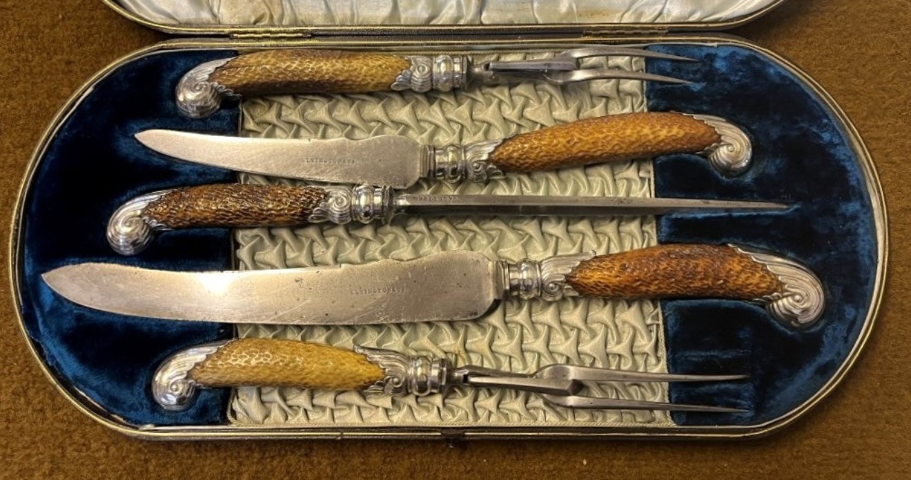 Antique Elkington & Co 5 Piece Stag Horn Handled Carving Set