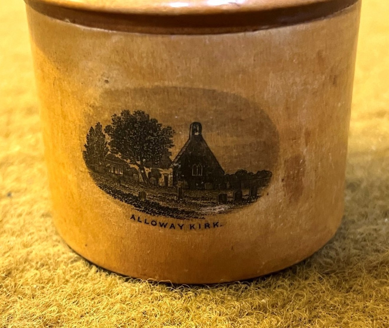 Antique Mauchline Ware Cylindrical Lidded Pot, Burns Monument, Burns Cottage and Alloway Kirk
