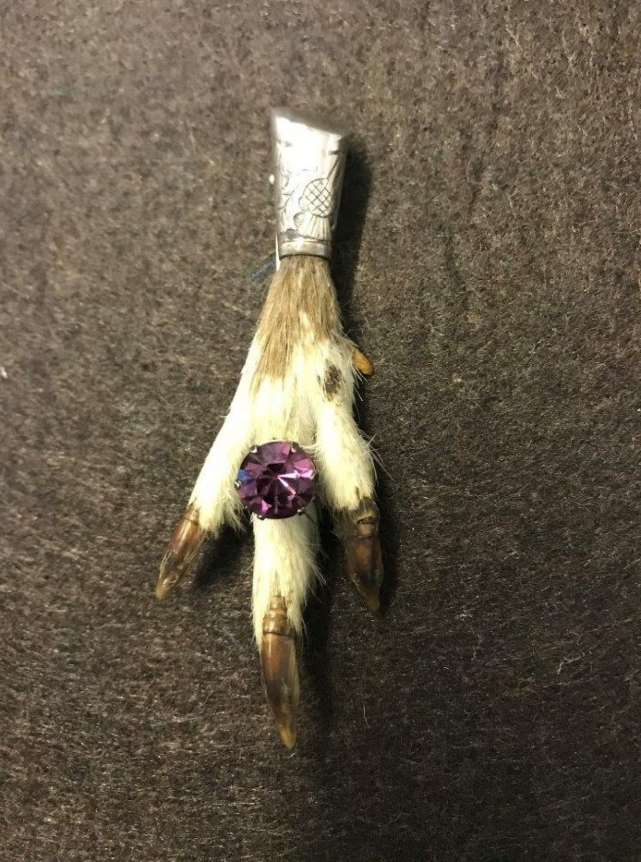 Vintage Silver Scottish Grouse Claw Brooch with Amethyst Glass Stone