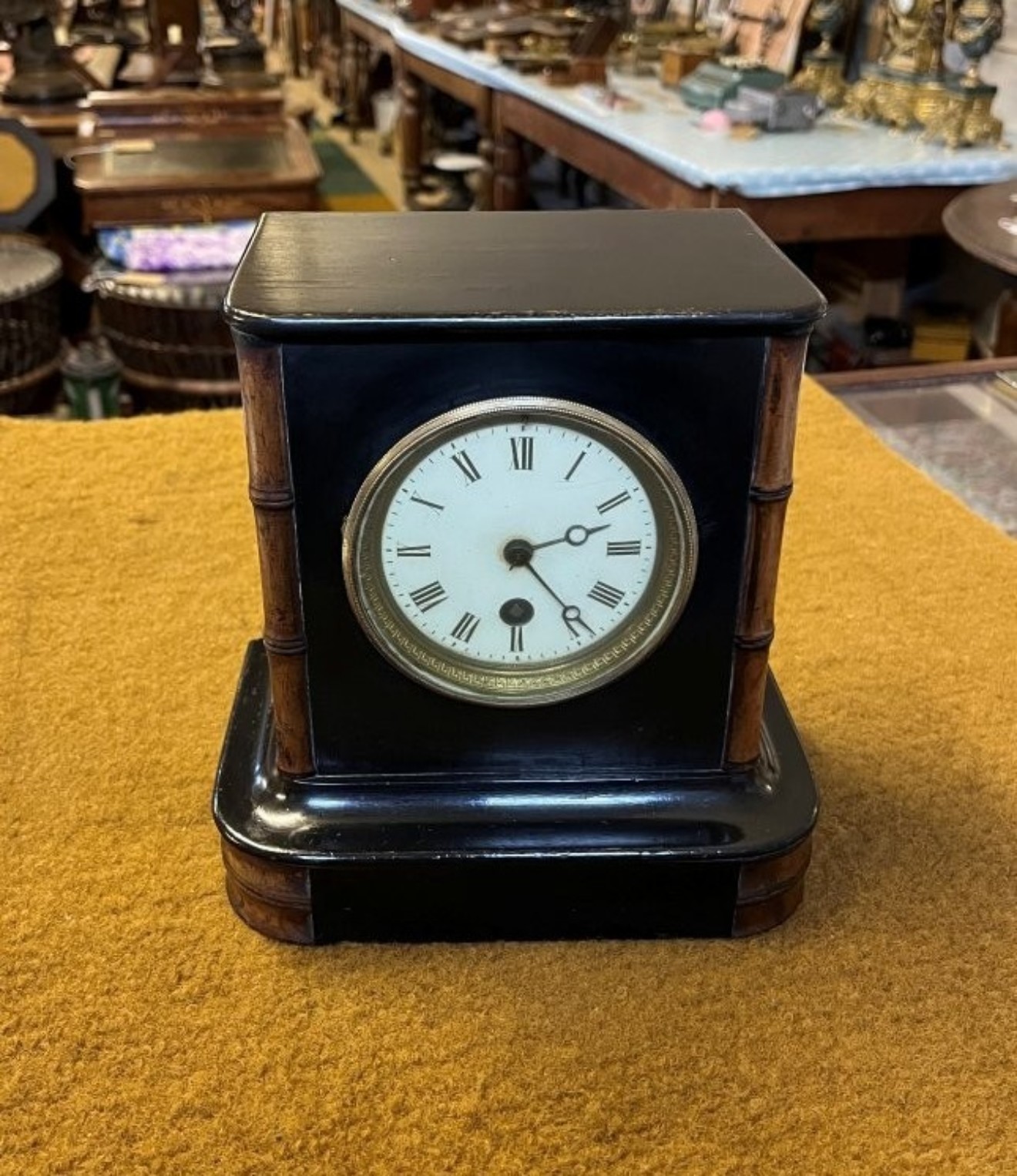 Edwardian Ebonised Wood and Faux Bamboo Mantle Clock