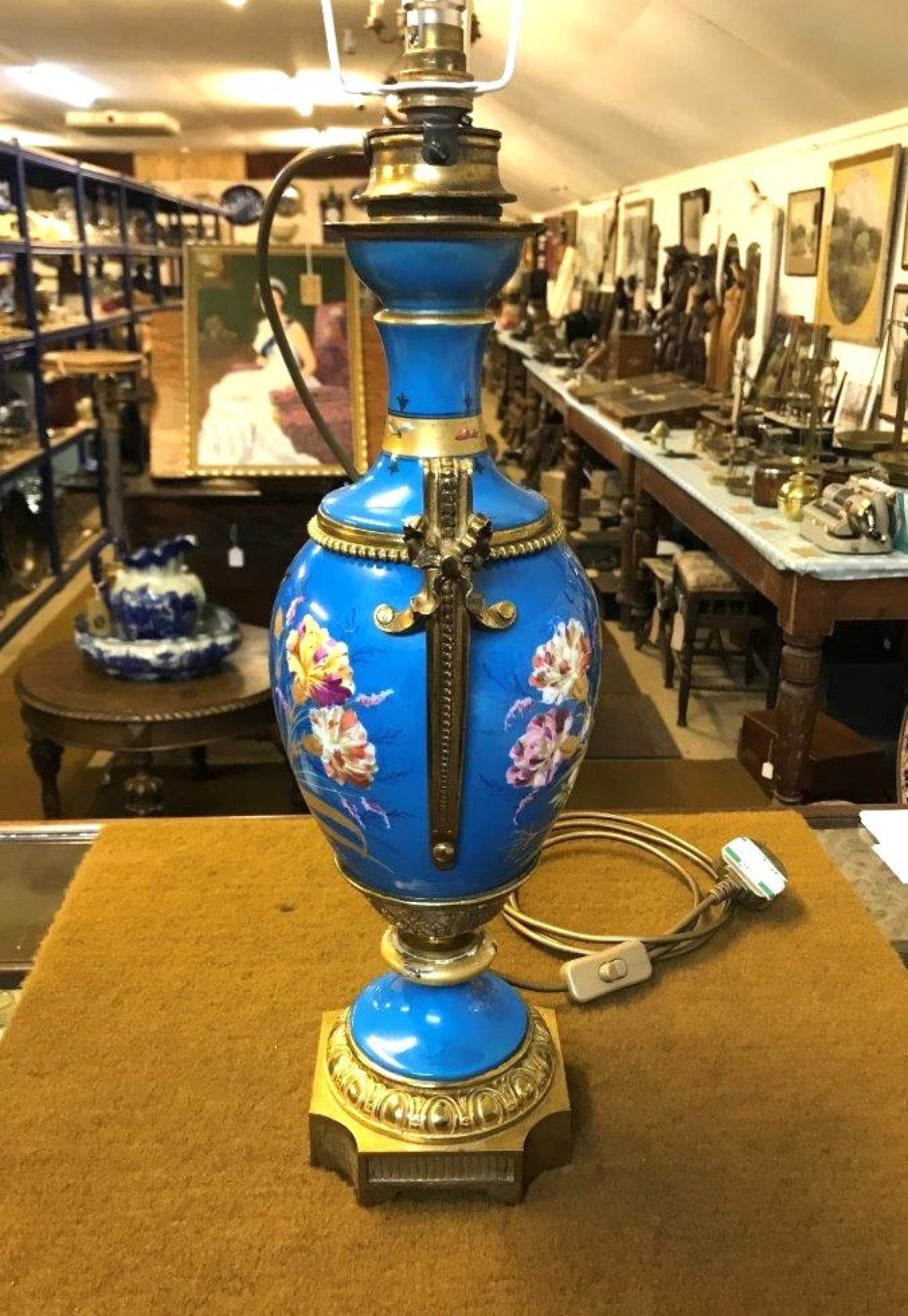 Antique Cloisonne Blue Porcelain Ormolu Mounted Urn Lamp