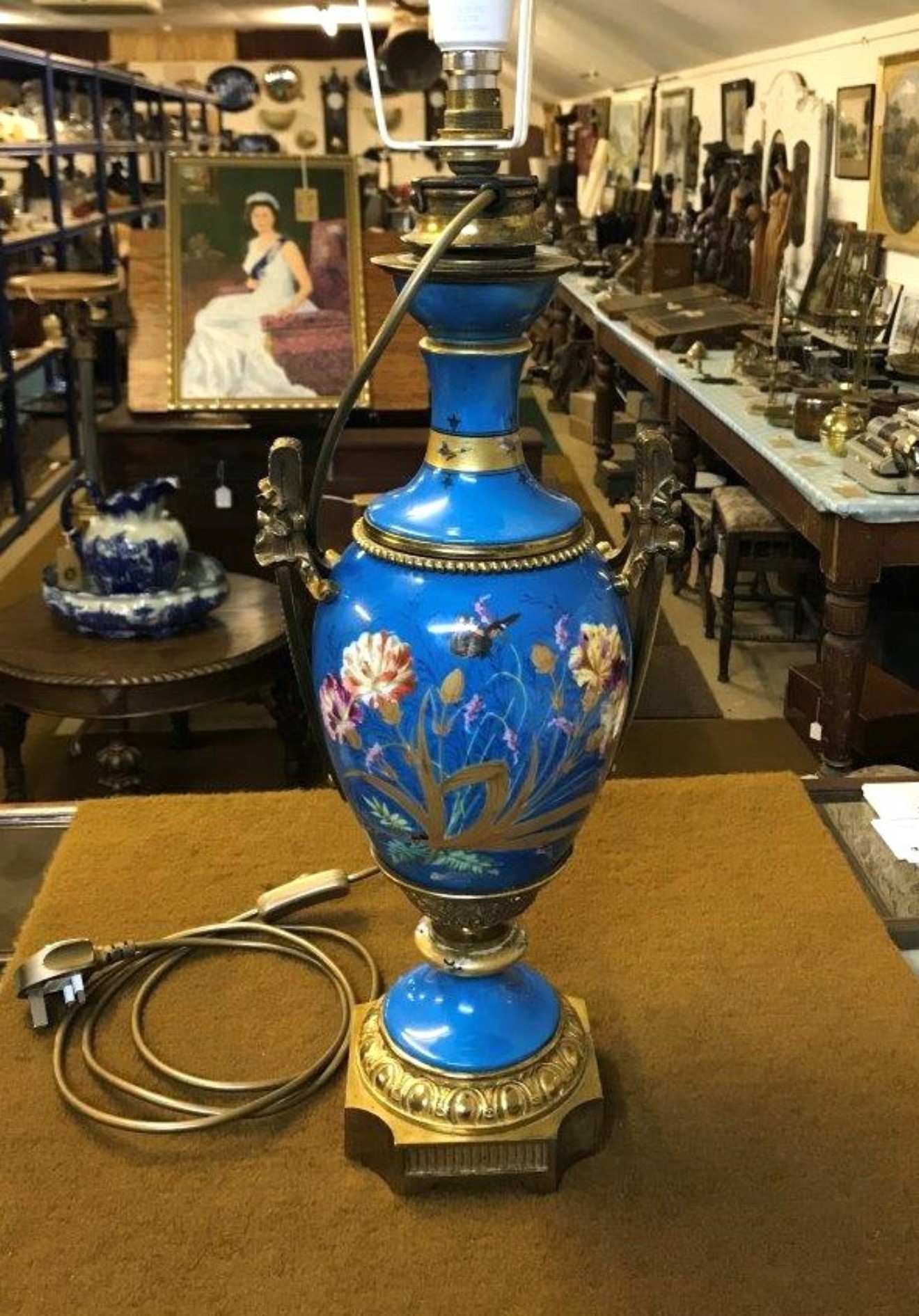 Antique Cloisonne Blue Porcelain Ormolu Mounted Urn Lamp