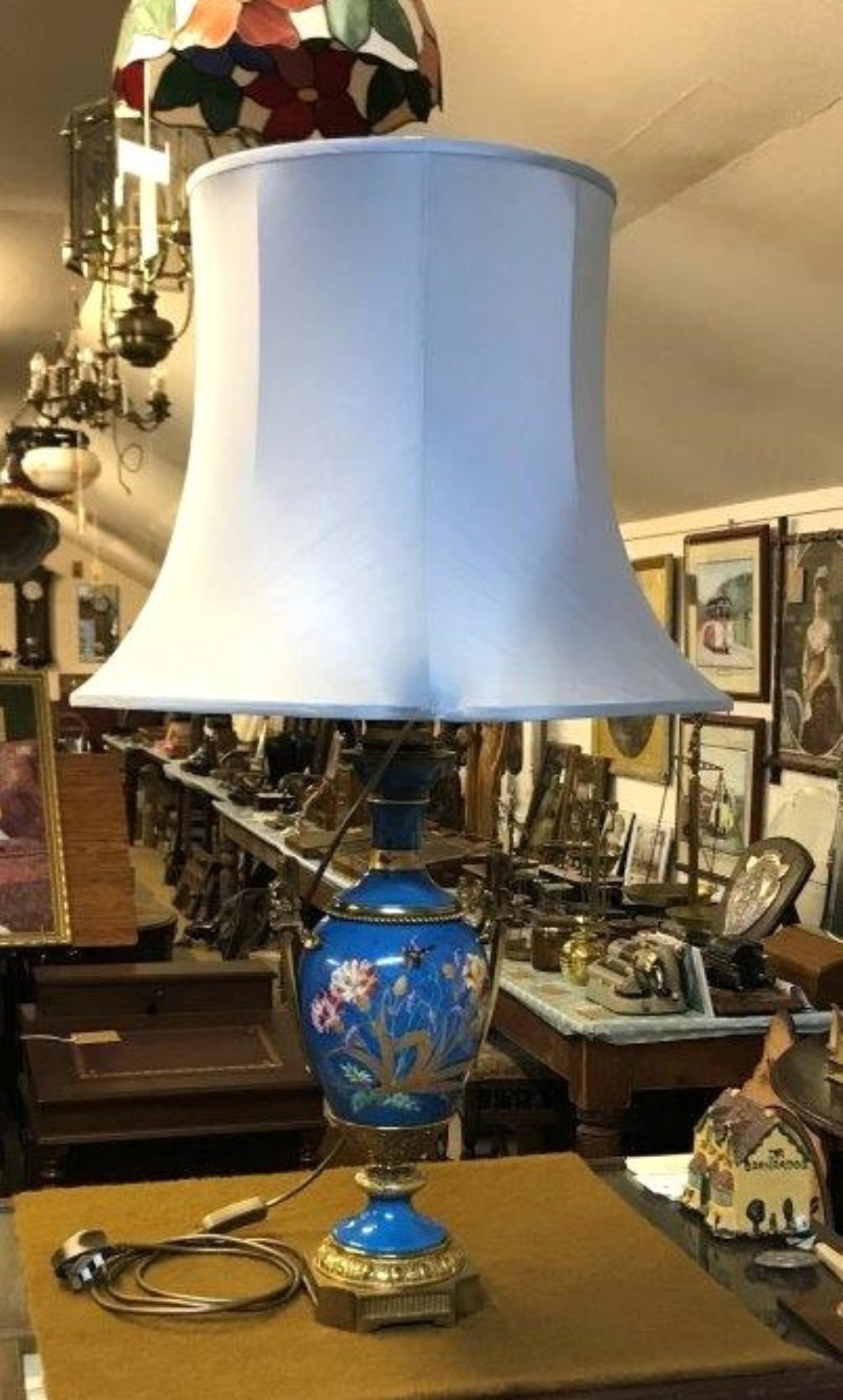 Antique Cloisonne Blue Porcelain Ormolu Mounted Urn Lamp