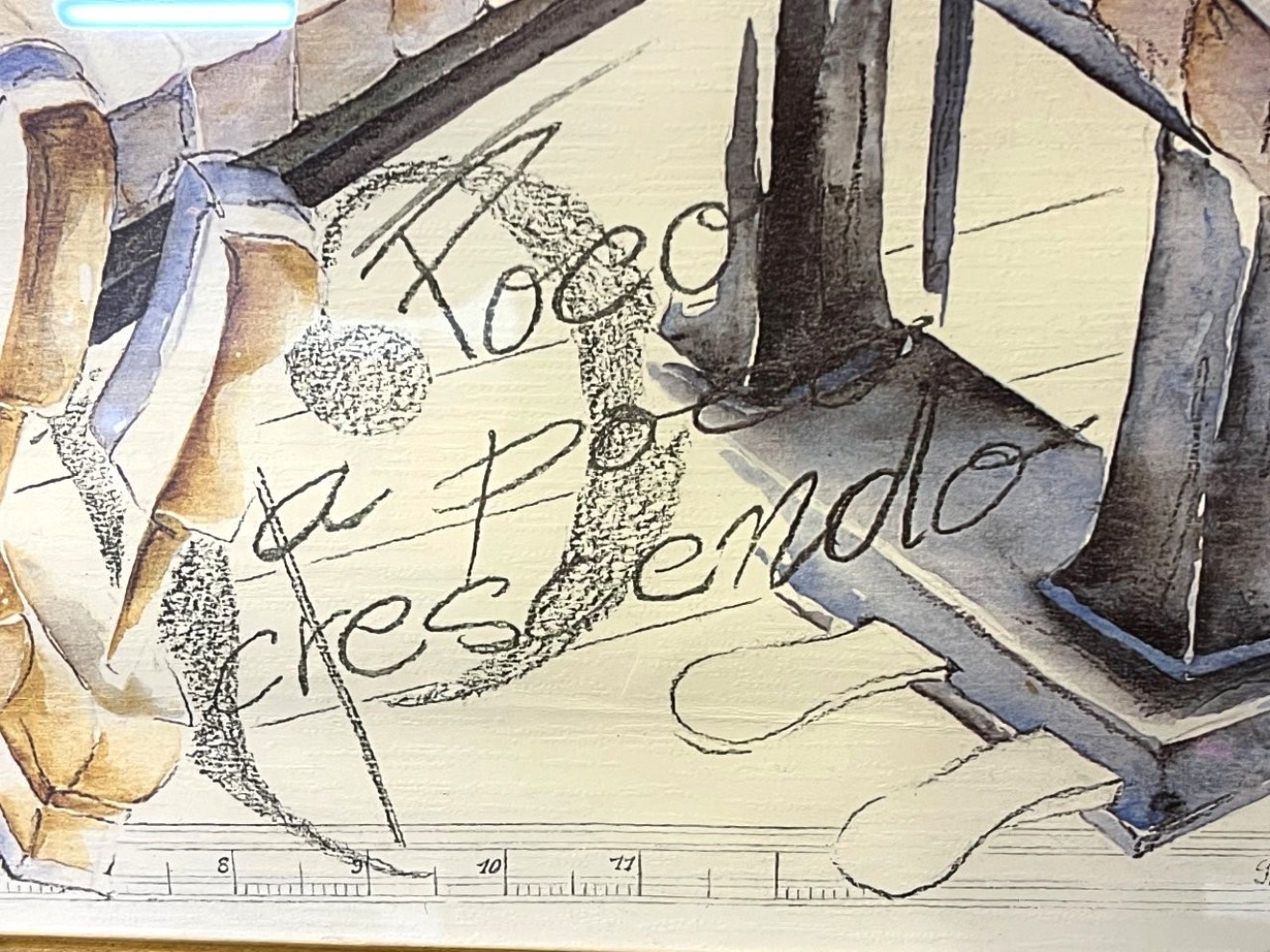 Vintage Print "Piano Destruction" With Notes "Poco a Poco Crescendo" (Little by Little) and "Ma Sensible e Legato" (Smoothly).