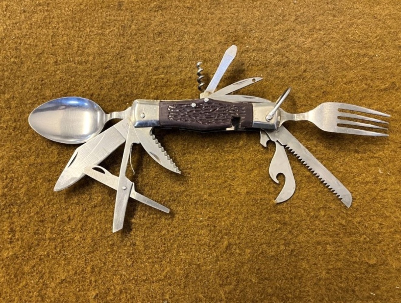 Vintage Camping Cutlery / Multi Tool Folding Knife In Leather Belt Mounted Holder