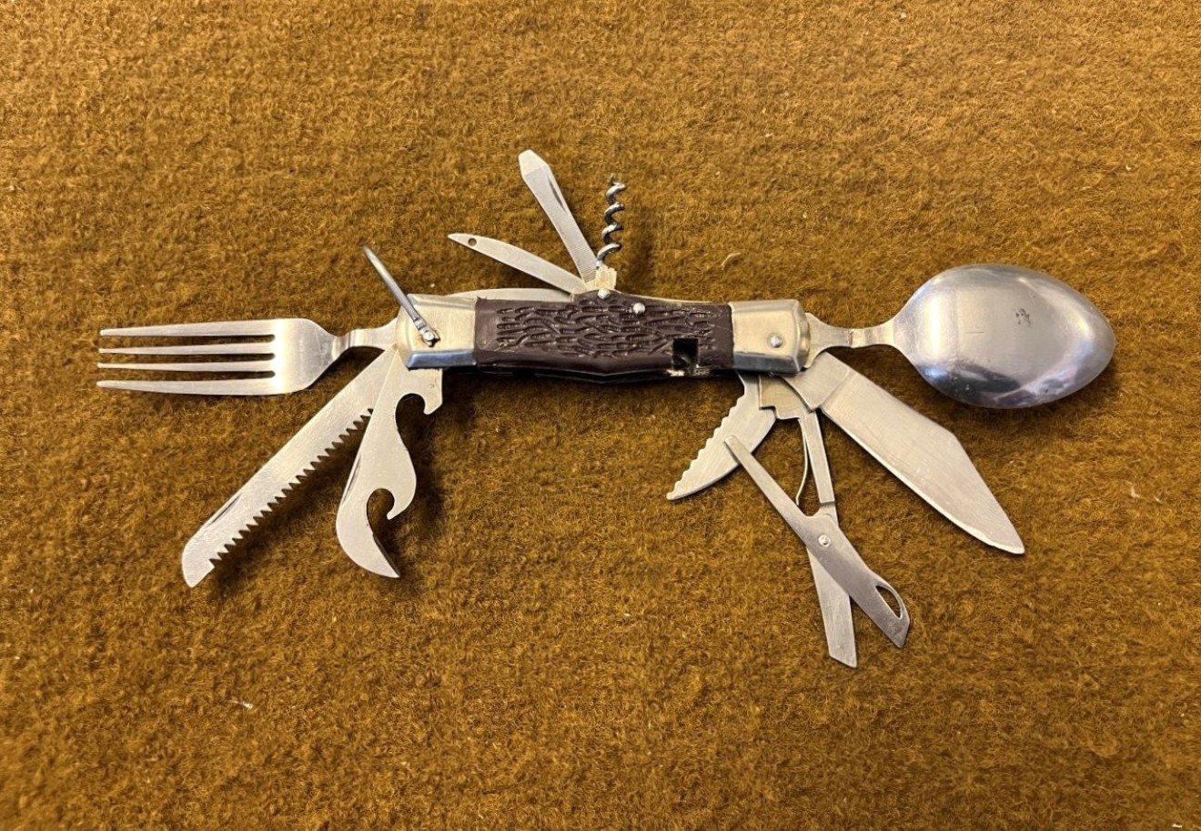 Vintage Camping Cutlery / Multi Tool Folding Knife In Leather Belt Mounted Holder