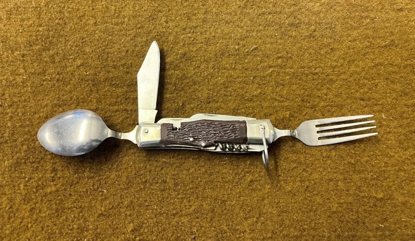 Vintage Camping Cutlery / Multi Tool Folding Knife In Leather Belt Mounted Holder