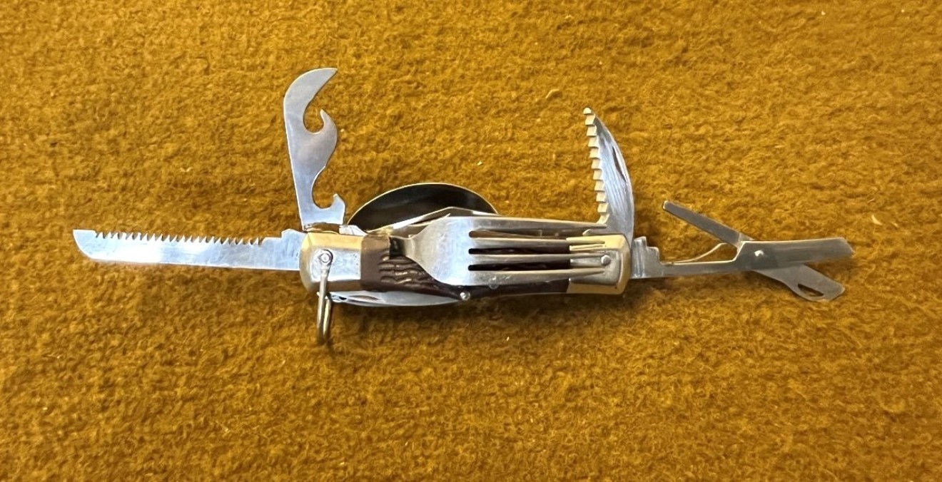 Vintage Camping Cutlery / Multi Tool Folding Knife In Leather Belt Mounted Holder