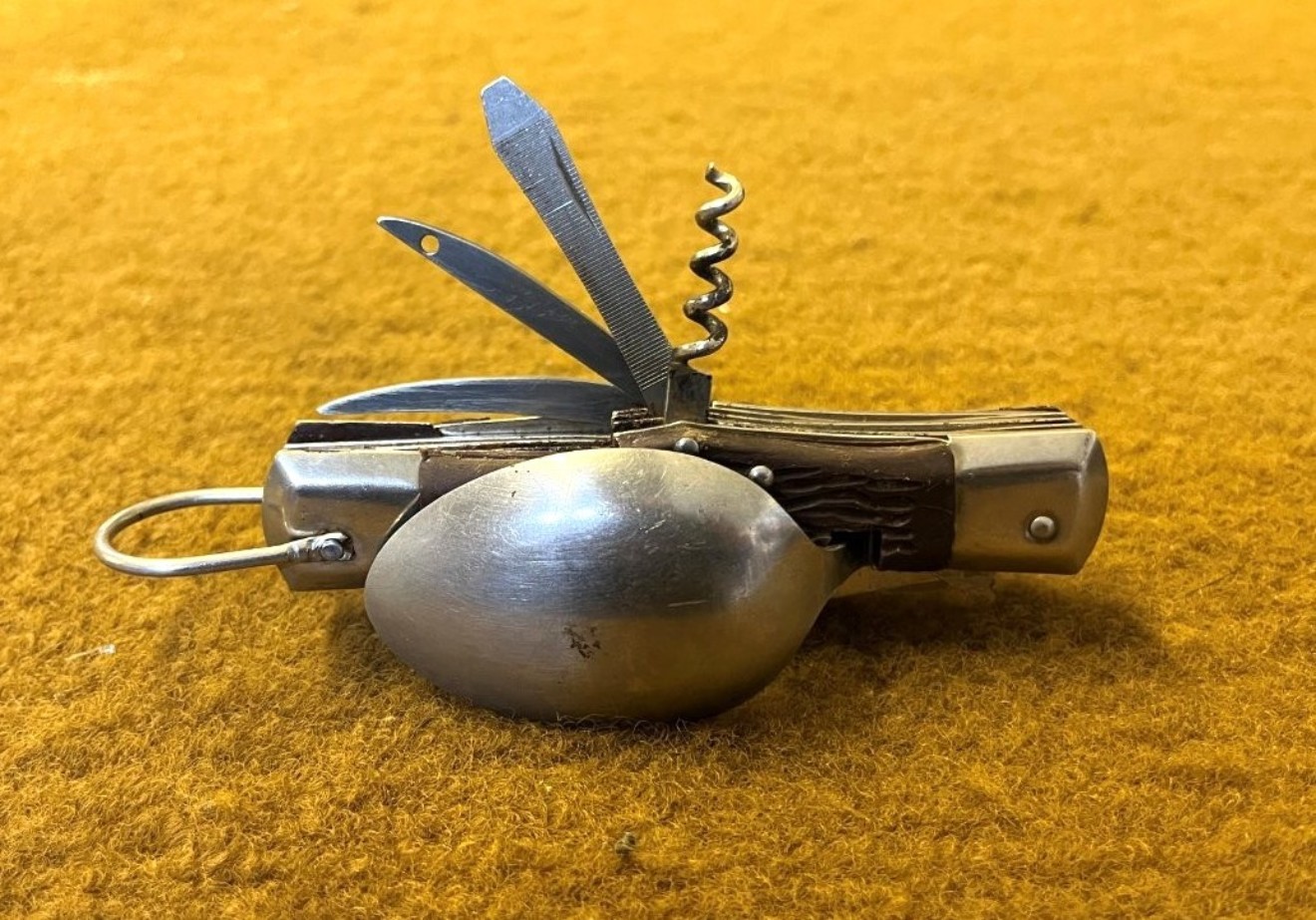 Vintage Camping Cutlery / Multi Tool Folding Knife In Leather Belt Mounted Holder