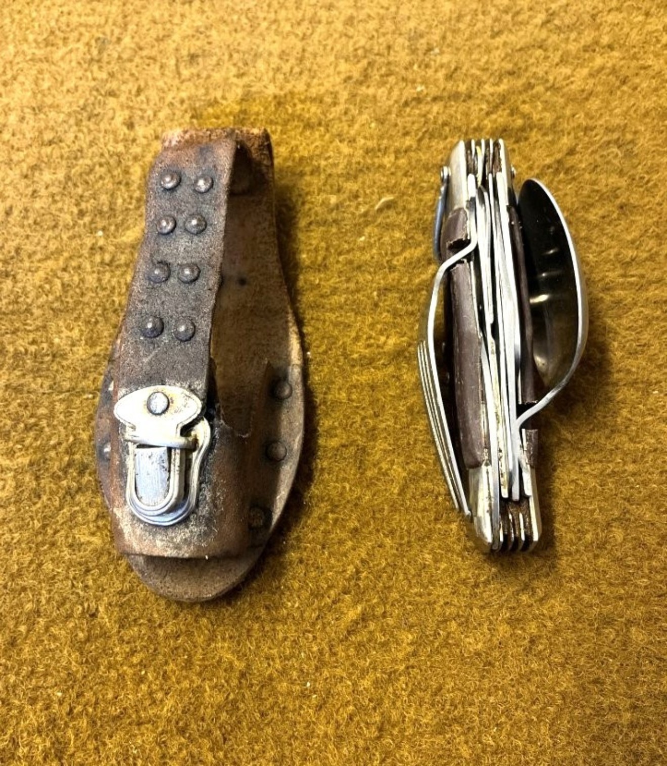 Vintage Camping Cutlery / Multi Tool Folding Knife In Leather Belt Mounted Holder