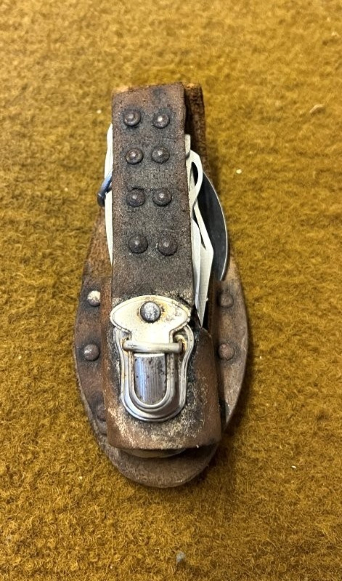 Vintage Camping Cutlery / Multi Tool Folding Knife In Leather Belt Mounted Holder