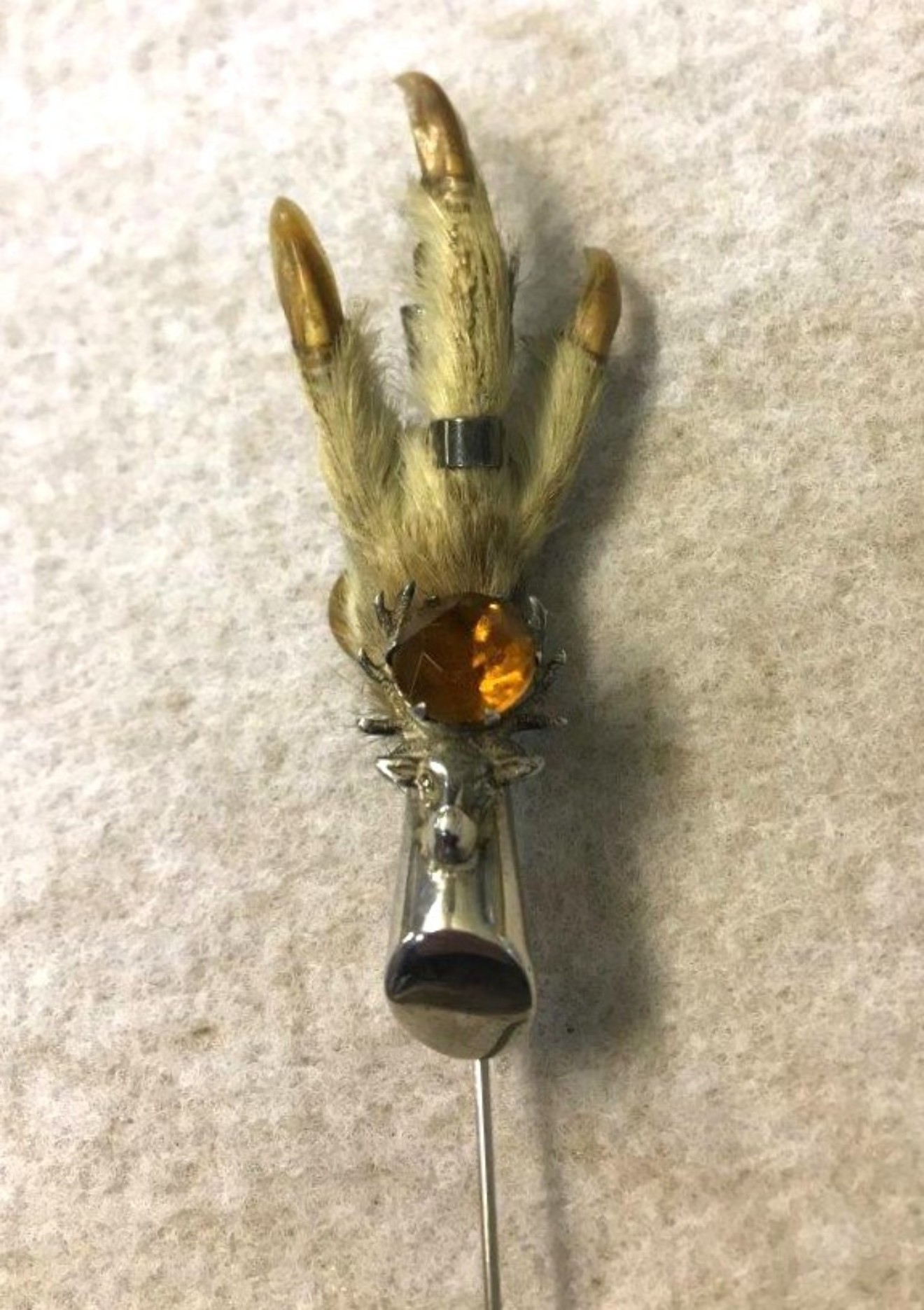 Vintage Silver Scottish Grouse Claw Brooch with Amber Stone