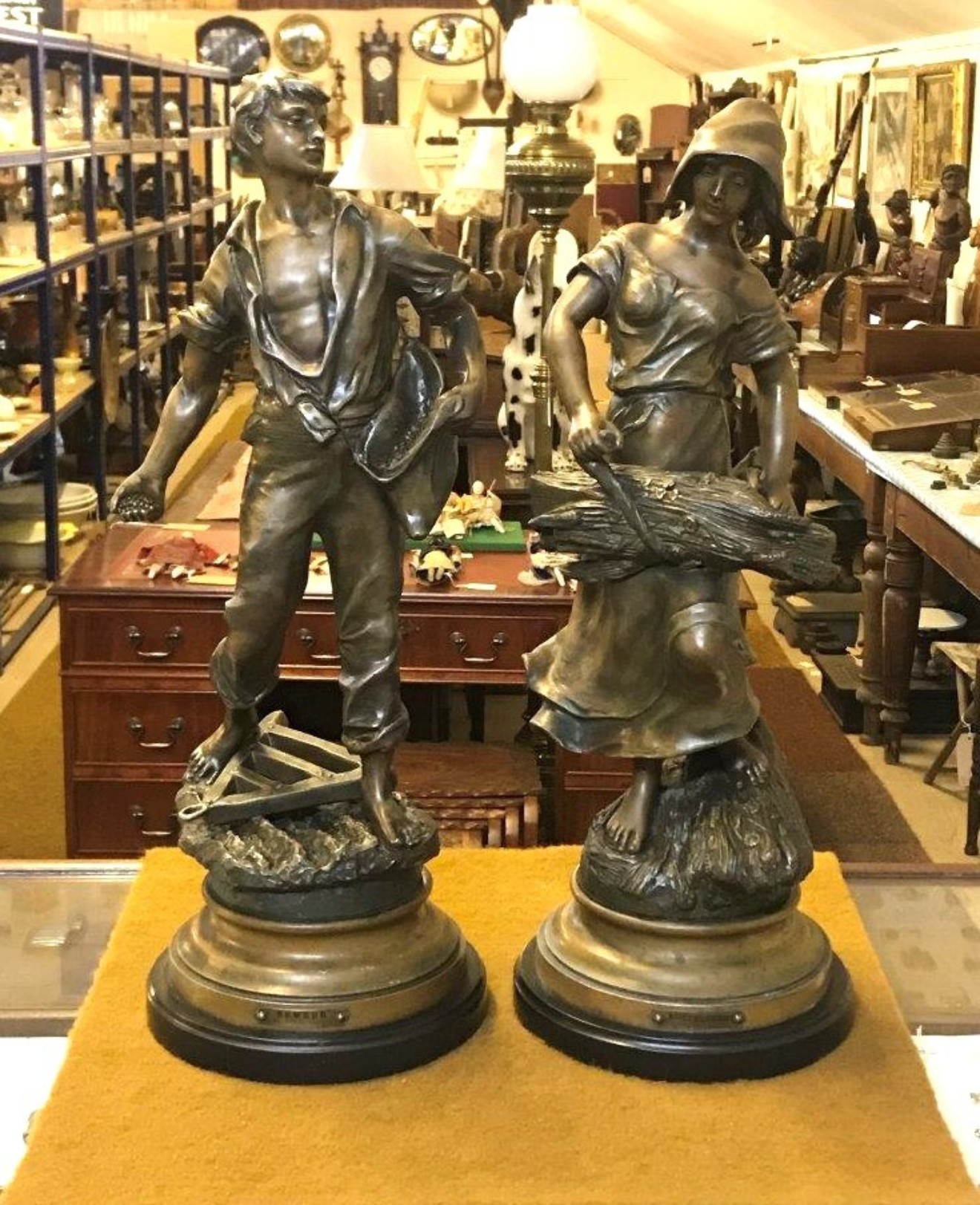 Antique Pair of French Bronzed Spelter Figures 'Semeur' and 'Botteleuse' (Sower and Baler) After Emile Rousseau (Sculptor)