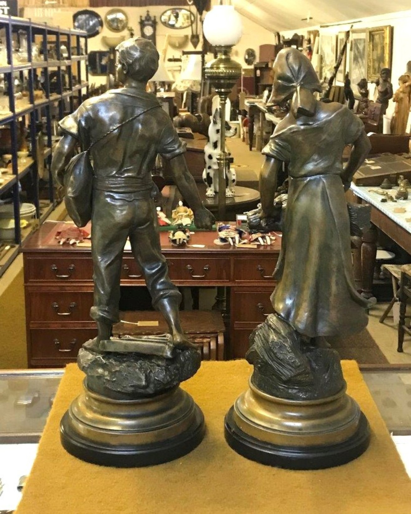 Antique Pair of French Bronzed Spelter Figures 'Semeur' and 'Botteleuse' (Sower and Baler) After Emile Rousseau (Sculptor)