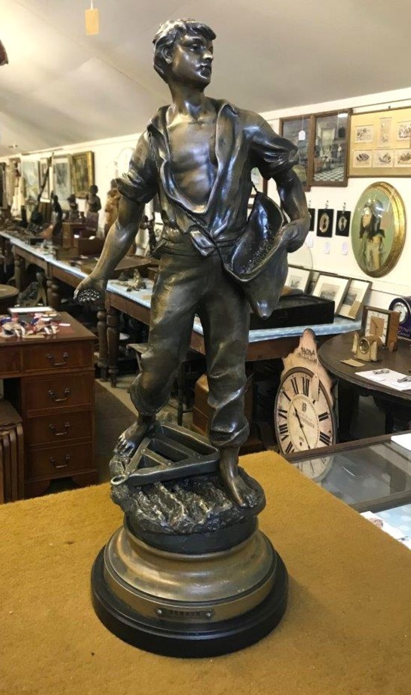 Antique Pair of French Bronzed Spelter Figures 'Semeur' and 'Botteleuse' (Sower and Baler) After Emile Rousseau (Sculptor)