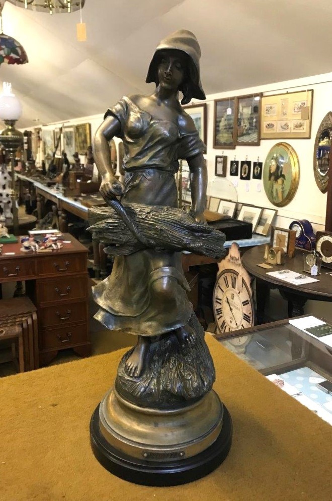 Antique Pair of French Bronzed Spelter Figures 'Semeur' and 'Botteleuse' (Sower and Baler) After Emile Rousseau (Sculptor)