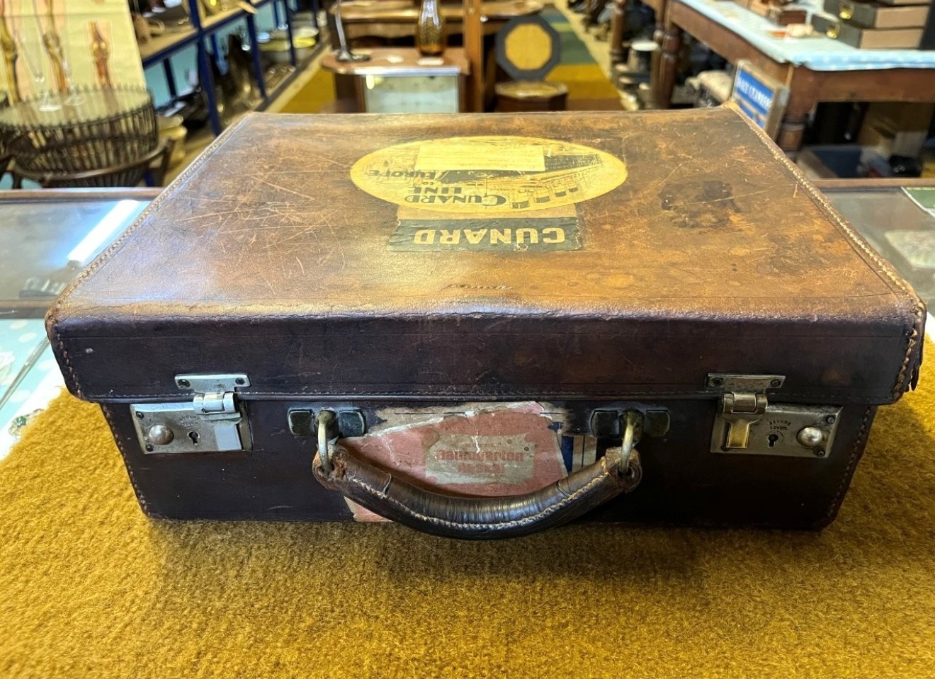 Antique Fitted Travel Case with Cunard Line RMS Aquitania from New York to Southampton Label