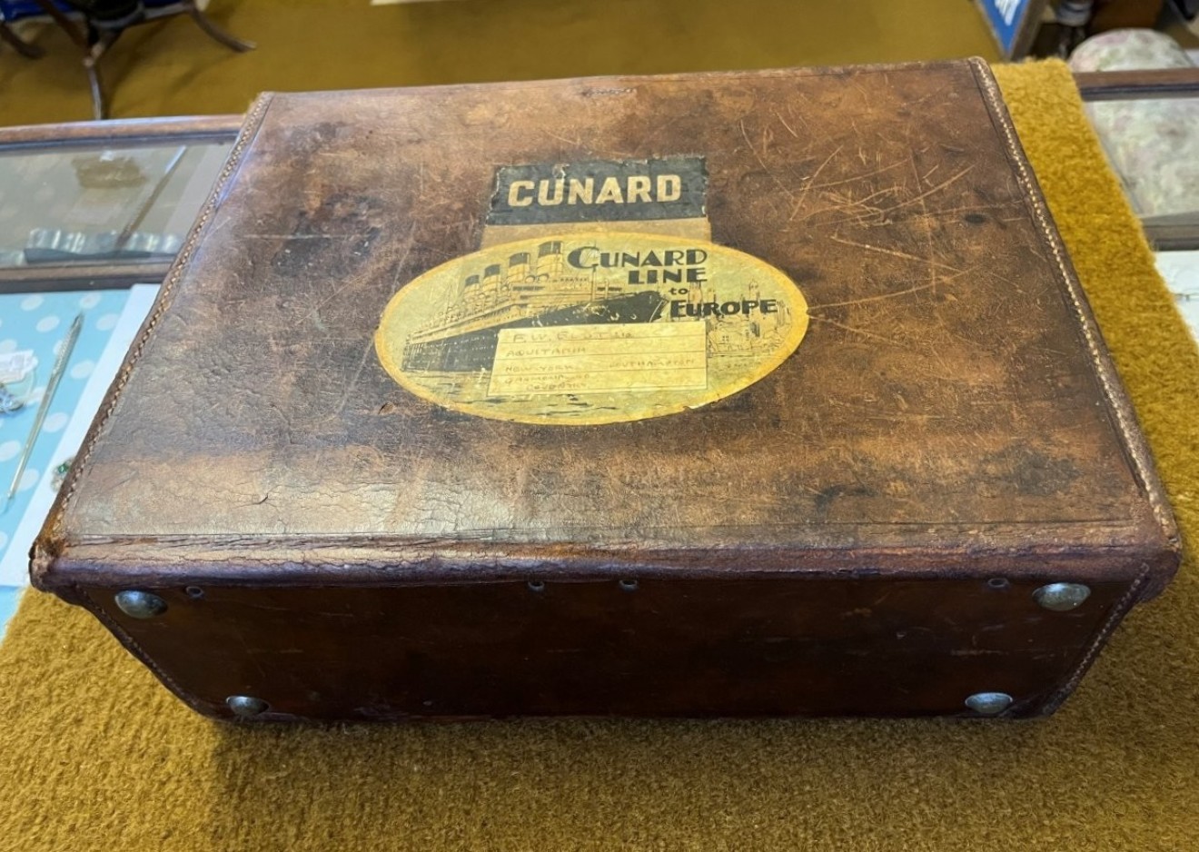 Antique Fitted Travel Case with Cunard Line RMS Aquitania from New York to Southampton Label