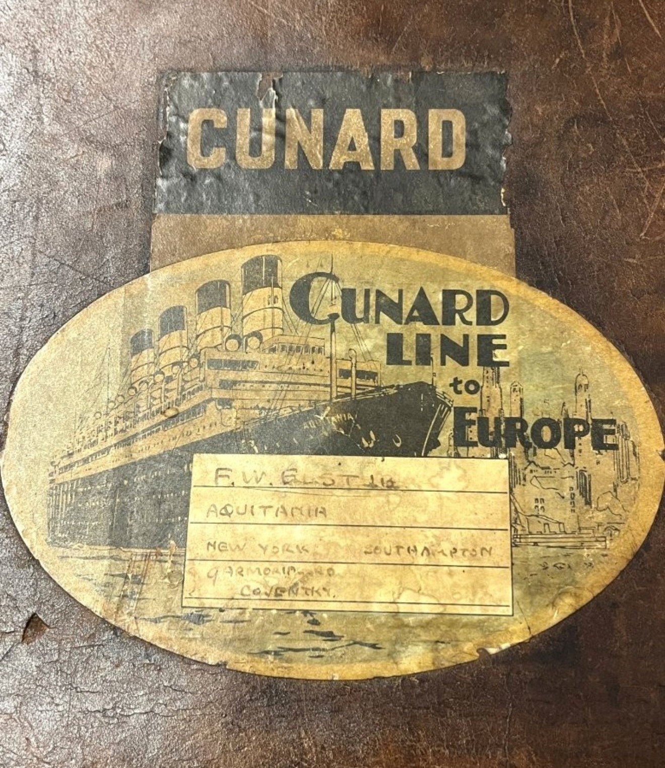 Antique Fitted Travel Case with Cunard Line RMS Aquitania from New York to Southampton Label