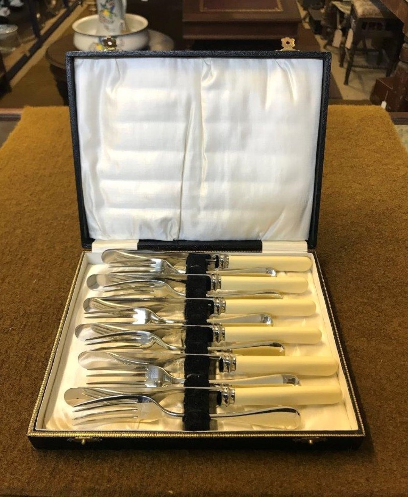 Vintage Boxed Set of 6 Fish Knives and 6 Forks with Celluloid Handles  Marked W Jolly Inverurie Firth Brearley Stainless - Bruce of Ballater