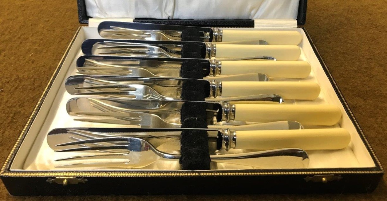 Vintage Boxed Set of 6 Fish Knives and 6 Forks with Celluloid Handles Marked W Jolly Inverurie Firth Brearley Stainless