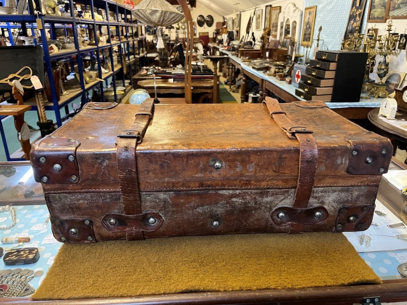 Vintage Leather Suitcase with Retaining Straps