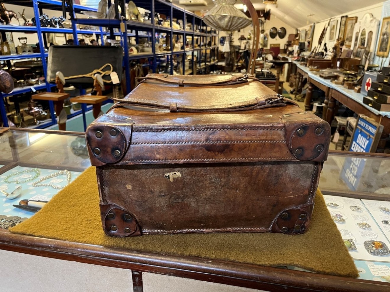 Vintage Leather Suitcase with Retaining Straps