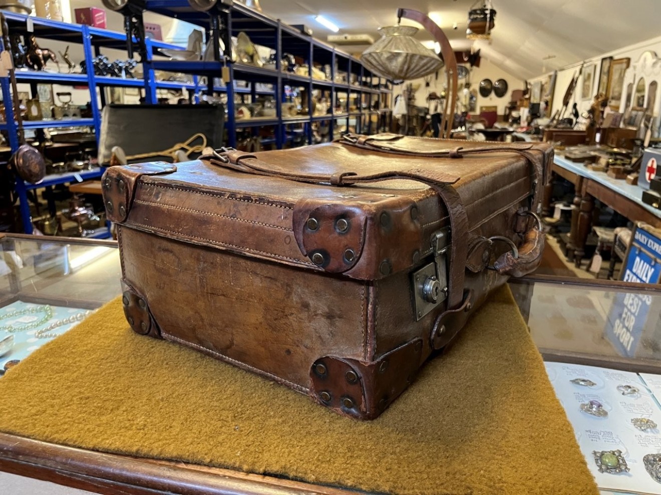 Vintage Leather Suitcase with Retaining Straps