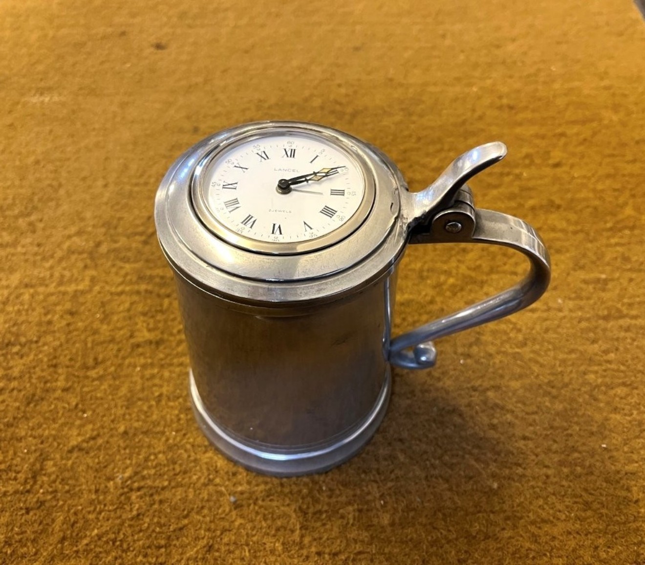 Vintage French Pewter Lidded Tankard with Clock in the Lid By Les Etains du Manoir Paris France